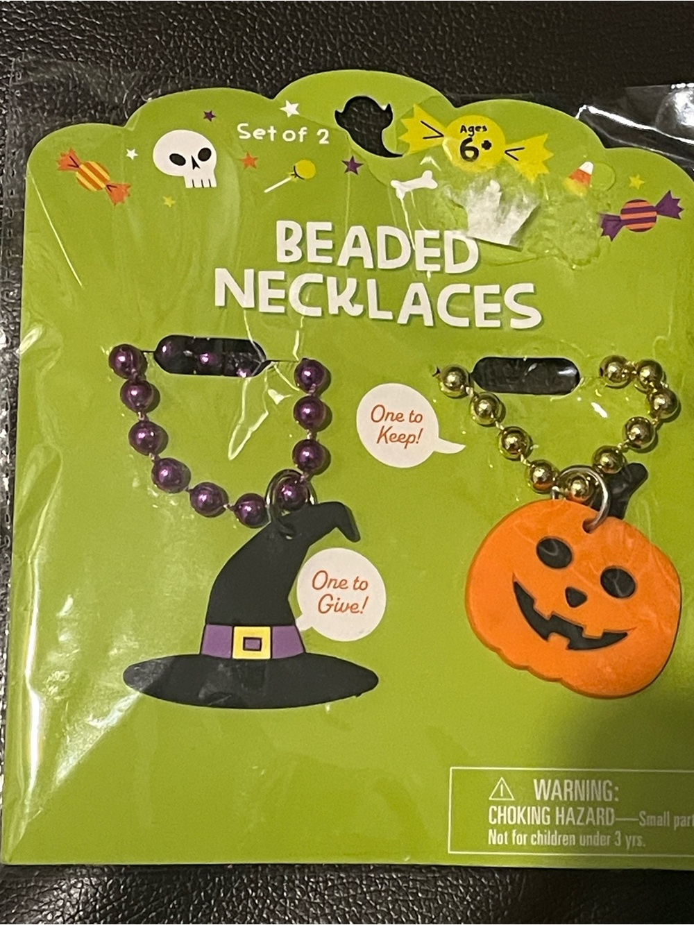Beaded Halloween Kids Necklaces - Purple Witch Hat & Orange Pumpkin (Set of 2)